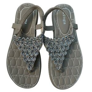 Ulogu Womens Beaded Rhinestone Slingback Thong Sandals Taupe T582-1A Size 40